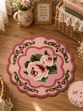 Pink Rose Round Hooked Accent Rug by Rochelle